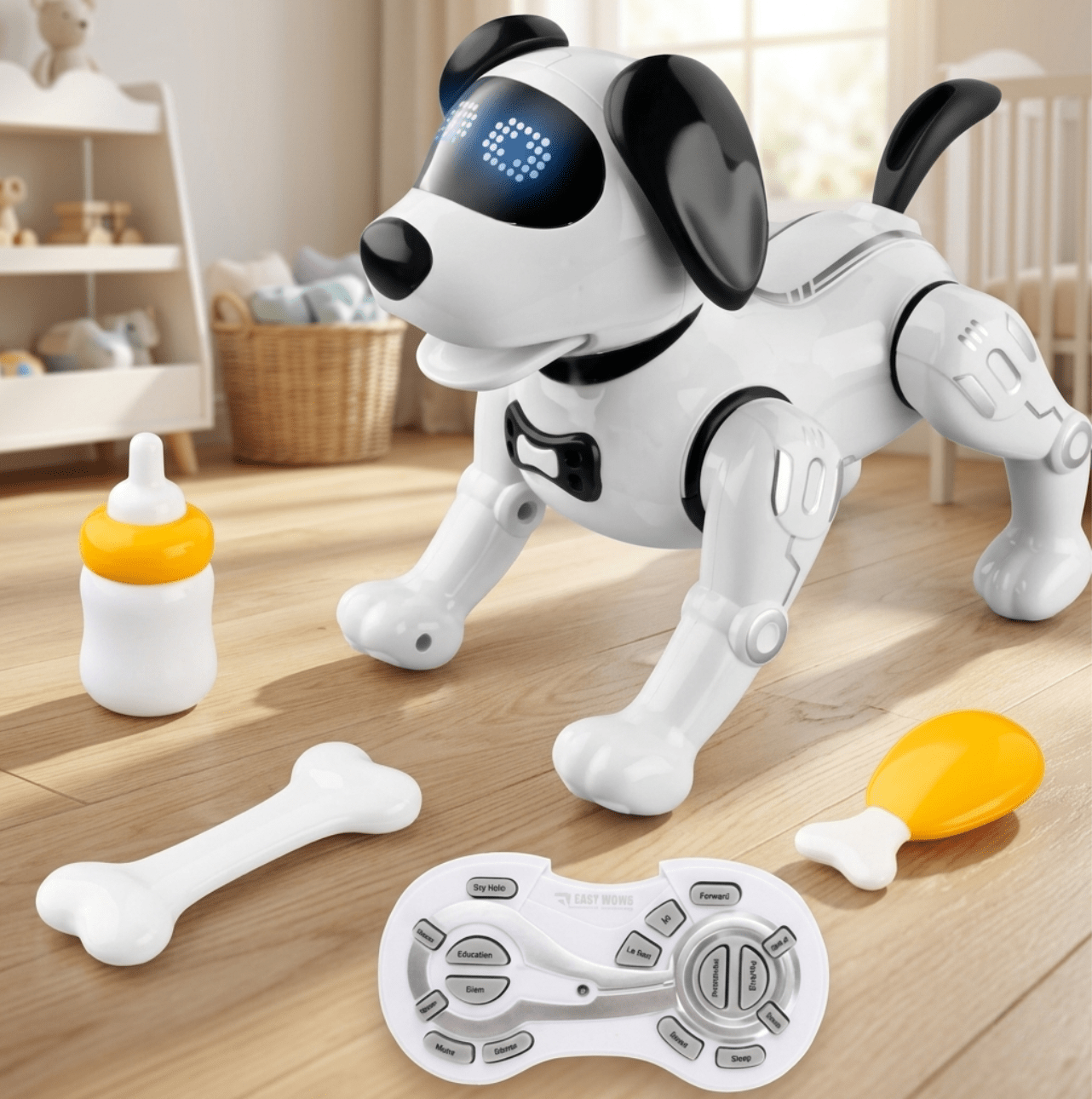 Toy robot dog with remote control on a wooden floor